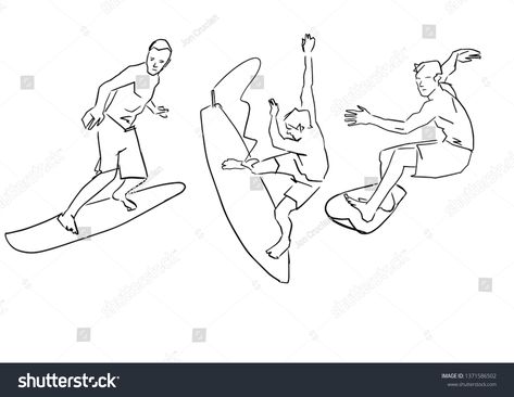 Set of surfers. Male surfer on surfboard in different poses. Hand drawn silhouette. Black lines drawing. Abstract contour. Vector collection. Active recreation. #Ad , #sponsored, #Hand#poses#silhouette#drawn Surfboard Pose Reference, Surfing Drawing Reference, Surfer Pose Reference, Surfing Pose Reference, Surfing Reference, Surfing Pose, Surf Board Drawing, Surfer Drawing, Surfing Drawing