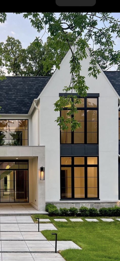 Two Story Modern House Exterior, Glass Exterior House, Black Grid Windows Exterior, Transitional Brick House Exterior, French Modern House Exterior, French Modern House, Transitional Modern Exterior, Transitional House Exterior, Modern Transitional Exterior