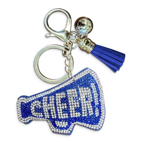 Add a touch of sparkle and team spirit to your game day essentials with this Blue and Silver Rhinestone Cheerleader Megaphone Keychain. This stylish and vibrant keychain is perfect for cheerleaders, coaches, and fans who want to show off their school pride. The bright blue and silver rhinestones make it a standout accessory for any bag or purse, especially for schools with red as their team color. Crafted with high-quality materials, this keychain is designed to be both durable and eye-catching. Cheer Bag Essentials, Cheer Keychain, Cheerleading Megaphones, Mardi Gras Krewe, Cheer Megaphone, Dr Belongings, Blue Cheer, Cheer Bag, Rhinestone Keychain