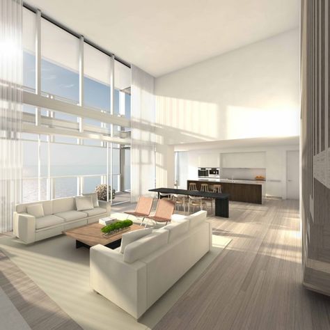 Here's another view of the penthouse living room. It flows right into the kitchen. Penthouse Living Room, Miami Beach Edition, Edition Hotel, Miami Condo, Modern Condo, Condo Design, Condo Living, Mansions Luxury, Exterior Ideas