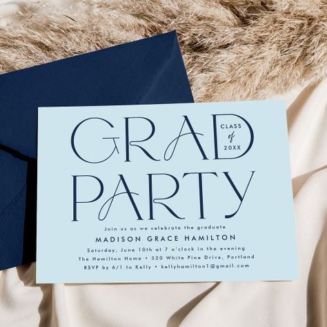 $2.77 | Modern Typography Navy Blue Graduation Party #graduation party, modern, typography, high school, college, graduate, bold, simple, navy, class of 2024 Light Blue Graduation Party, Navy Graduation Party, Blue Grad Party, Navy Blue Graduation Party, Grad Party Invites, Graduation Party Invites, Navy Graduation, Blue Graduation Party, Grad Party Invitations