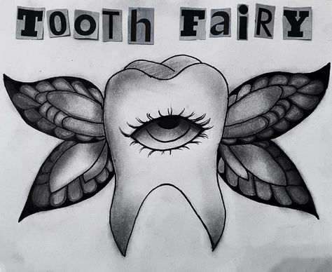 Tooth with wings - tooth fairy Cute Tooth Tattoo, Tooth Drawing Sketches, Tooth Fairy Drawing, Fairycore Drawing, Tooth With Wings, Tooth Drawing, Axial Skeleton, Fairy Sketch, Teeth Drawing