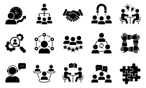 Teamwork Community Business People Partnership Glyph Pictogram Collection. Human Resource Management Collaboration Silhouette Icon Set. Employee Lead Career Icon. Isolated Vector Illustration. Community Icon, Workshop Icon, Transportation Logo, Ads Poster, Room Signage, Team Icon, Email Icon, Space Icons, Person Icon