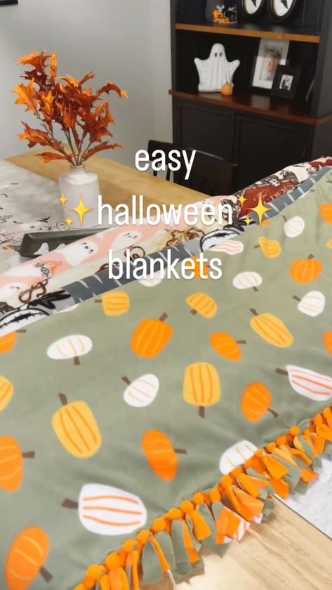 I grew up making tie blankets and it’s been so fun teaching my daughters! Love how these Halloween ones turned out. It’ll be so fun pulling… | Instagram How To Make A Tie, Fleece Blanket Diy, Fall Ties, Fleece Crafts, Tie Blanket, Fun Fall Crafts, Fall Blanket, Tie Blankets, Halloween Blanket