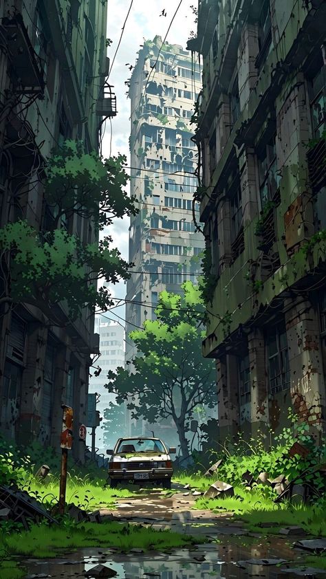 Abandoned City, Post Apocalyptic, Urban Decay, Anime, Nature