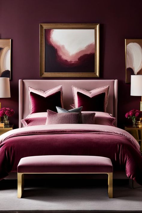 Imagine a space with burgundy walls and a statement velvet headboard in a lighter shade of pink. A dresser and soft, grey bedding contrast the dark walls, with gold-framed artwork adding sophistication. Aubergine And Pink Bedroom, Pink Monochromatic Bedroom, Mauve And Burgundy Bedroom, Burgundy And Pink Bedroom Ideas, Blush And Burgundy Bedroom, Burgundy And Pink Bedroom, Dark Feminine Room Decor, Rose Wall Color, Pink And Burgundy Bedroom