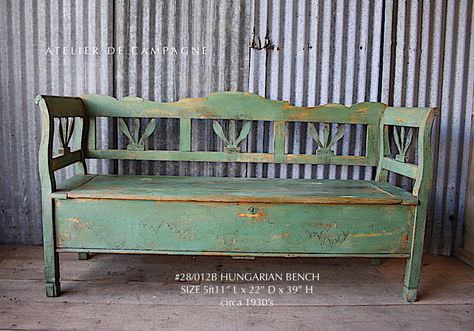 Antique Storage Bench Entryway, Vintage Bench Seat With Storage, Antique Storage Bench, Closet Bench, Old Tailgate Bench, Edwardian Ottoman Bench, Old Benches, Painted Benches, Antique Bench