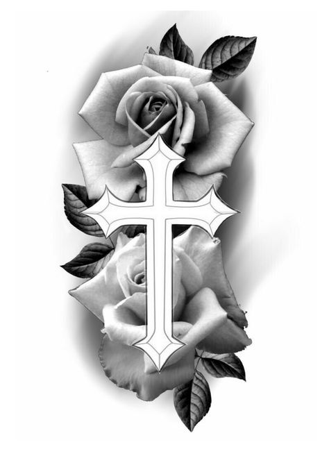 Cross With Rose Tattoo Design, Cross With Roses Tattoo Stencil, Cross Roses Tattoo Design, Roses With Cross Tattoo, Rose Cross Tattoo Design, Cross And Roses Tattoo For Men, Flower With Cross Tattoo, Cross With Roses, Cross With Name Tattoo