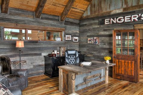 Reclaimed metal and wood combine effectively in the rustic home office [Design: Lands End Development] Rustic Farm Office Ideas, Rustic Business Office, Rustic Office Space, Rustic Office Design, Rustic Office Desk, Ultra Modern Furniture, Home Office Design On A Budget, Western Office, Rustic Office Decor