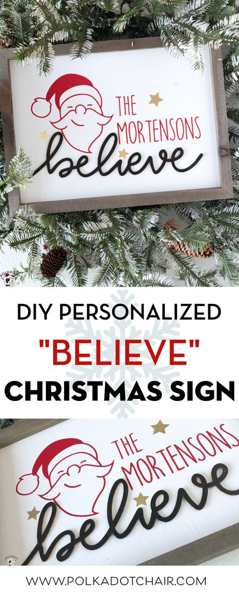 Learn how to make a cute personalized wood Christmas sign with your Cricut. How to cut out wood with a Cricut machine. DIY Believe Christmas sign #ChristmasCrafts #Cricut Polka Dot Chair, Christmas Stockings Diy, Believe Christmas, Christmas Craft Projects, Fun Christmas Crafts, Paper Crafts Card, Christmas Signs Wood, Crafts To Make And Sell, Wood Christmas