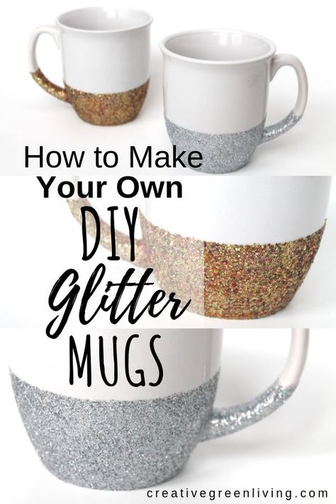 How to make DIY glitter mugs. You can use this tutorial to make mugs with sayings. This is a great way to upgrade plain coffee cups, tumblers or even wine glasses. You don't need to ut epoxy or a fandy spinner - you can make easy glitter cups with dishwasher safe Mod Podge that lasts! #creativegreenliving #personalizedmugs #coffeecups #glitter Coffee Mug Decorating Diy, Glitter Coffee Mugs, Bling Mugs, Sharpie Plates, Dishwasher Safe Mod Podge, Glitter Projects, Coffee Cups Diy, How To Make Glitter, Glitter Glasses