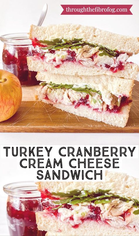 labelled turkey cranberry cream cheese sandwich on two wooden boards next to an apple and with cranberry sauce in the background. Cranberry Turkey Sandwich, Cream Cheese Sandwich, Turkey Sandwiches Recipes, Sandwich Cream, Cream Cheese Sandwiches, Cranberry Turkey, Turkey Cranberry, Tea Sandwiches Recipes, Holiday Lunch