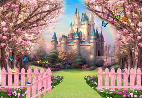 Disney Castle Drawing, Birthday Tarpaulin Design, Castle Drawing, Studio Backdrops Backgrounds, Princess Theme Birthday, Garden Backdrops, Pink Castle, Studio Backdrops, Fantasy Castle