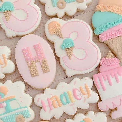 Becca Ruocco on Instagram: "Three Scoops of Fun! I hope this brightens your day as much as it did mine when I was making these! 🤍 . . . #icecreamcookies #threescoopsoffun #threescoopsbirthday #kaleidacuts #icecreamconecookies #icecreamtruckcookies #maddiesnumbers #sprinklecookies #icecreamcakecookies #bexnbailsbakery #sugarcookiesofinstagram #edibleart #ctlocal #ctsweets #cteats #glastonburyct #glastonburybakery #glastonburysmallbusiness #glastonburyctlife #glastonbury #glastonburycookies #connecticutcookies #connecticutbakery #connecticutlife #connecticutlivin #connecticutcookies" Three Scoops Birthday Party, Three Scoops Of Fun Cookies, Three Sweet Birthday, 2 Sweet Cookies, Ice Cream Third Birthday Party, Three Scoops Of Fun Birthday Party Ideas, Ice Cream Party Cookies, Sweet As Can Be 3rd Birthday, Ice Cream 3rd Birthday Party Girl