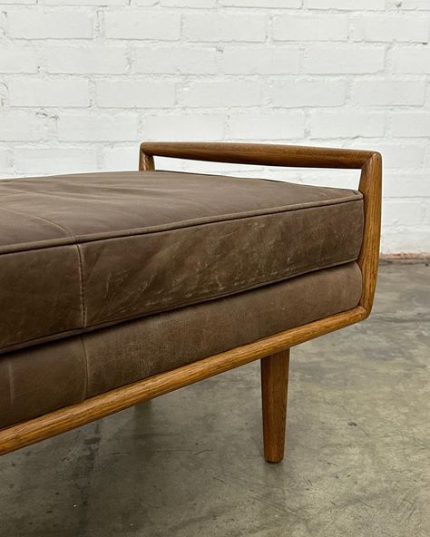 SOLD Contemporary Oak and Leather Bench Price: 475 Dimensions: W55 D22 H19 SW53 SD21 SH16.5 Mid Century Vintage Furniture, Mid Century Bench, Vintage Mid Century Furniture, Leather Bench, Mid Century Vintage, Vintage Furniture, Bench, Mid Century, Leather