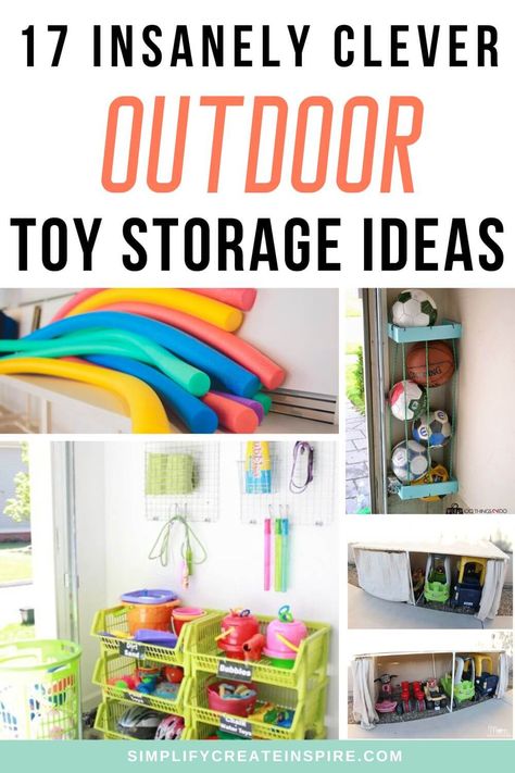 Outdoor Waterproof Toy Storage, Beach Toy Storage Ideas, How To Store Outside Toys, Outdoor Toy Organization Ideas, Outdoor Kids Storage, Outdoor Sports Ball Storage, Garden Toy Storage, Front Porch Toy Storage, Carport Toy Storage