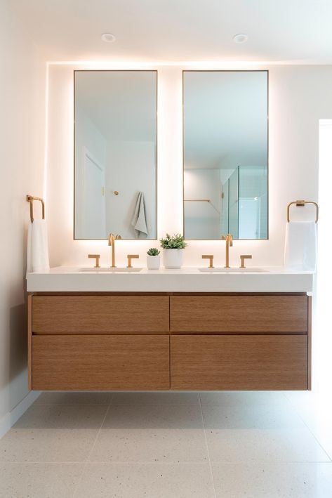 Floating Vanity Bathroom Modern, Floating Vanity Bathroom, Backlit Bathroom Mirror, Modern Small Bathrooms, Mid Century Modern Bathroom, Backlit Mirror, Floating Bathroom Vanity, Floating Vanity, Bathroom Storage Organization