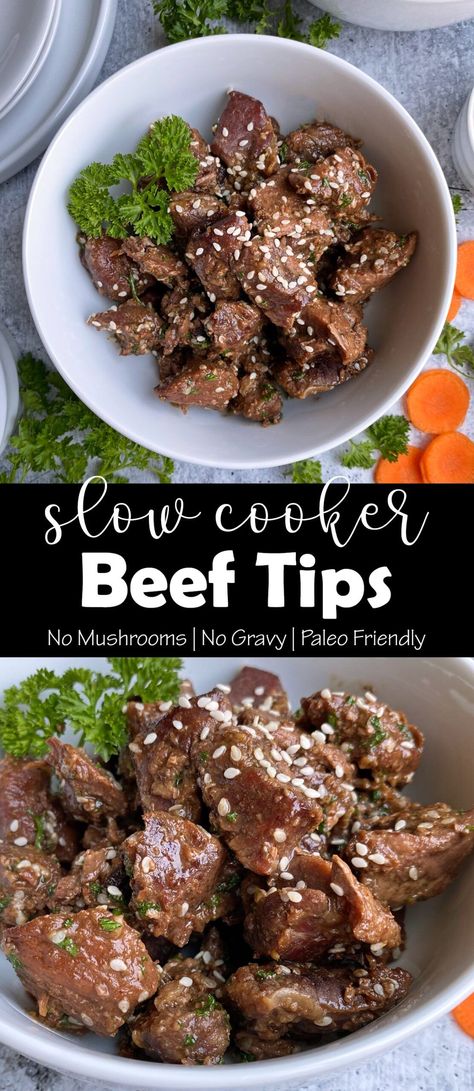 This easy slow cooker beef tip recipe makes the most tender, tasty meat. This crockpot beef recipe is Paleo, made without mushrooms or gravy and has no added sugar! #paleo #beeftips #crockpot #slowcooker Keto Beef Stew Meat Recipes Crockpot, Weight Watchers Stew Meat Recipes, Whole 30 Stew Meat Recipes, Paleo Stew Meat Recipes, Paleo Beef Tips, Whole 30 Beef Tips, Keto Stew Meat Recipes Crockpot, Paleo Beef Stew Crockpot, Keto Stew Meat Recipes