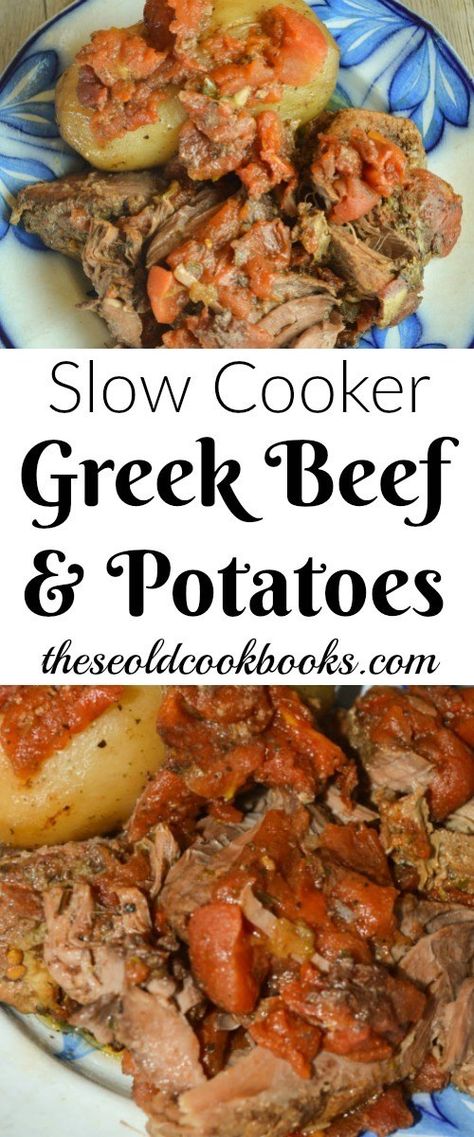 Slow Cooker Greek Beef and Potatoes Greek Beef Recipes, Stuffed Peppers With Ground Beef, Recipe For Stuffed Peppers, Greek Beef, Crock Pot Potatoes, Easter Ham, Meat And Potatoes, Greek Potatoes, Beef And Potatoes