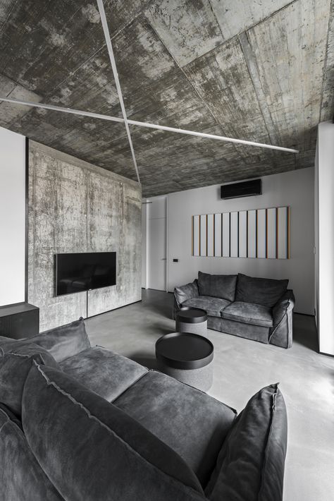 Concrete Apartment, Brutalist Interior, Loft Inspiration, Kaunas Lithuania, Interior Design Career, Concrete Interiors, Loft Interior, Loft Interiors, Budget Home Decorating