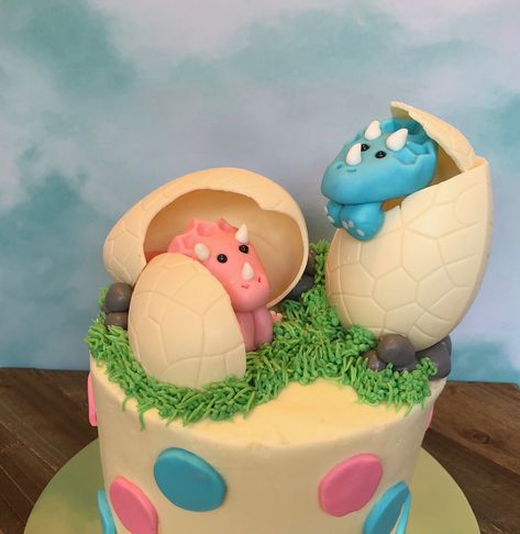 Twin dinosaurs hatching out of eggs baby shower cake Dinosaur Egg Birthday Cake, Gender Reveal Ideas Dinosaur, Gender Reveal Dinosaur Theme, Dinosaur Gender Reveal Ideas, Dino Gender Reveal, Dino Baby Shower Cake, Dinosaur Gender Reveal, Dinosaur Egg Cake, Dinosaur Baby Shower Cake