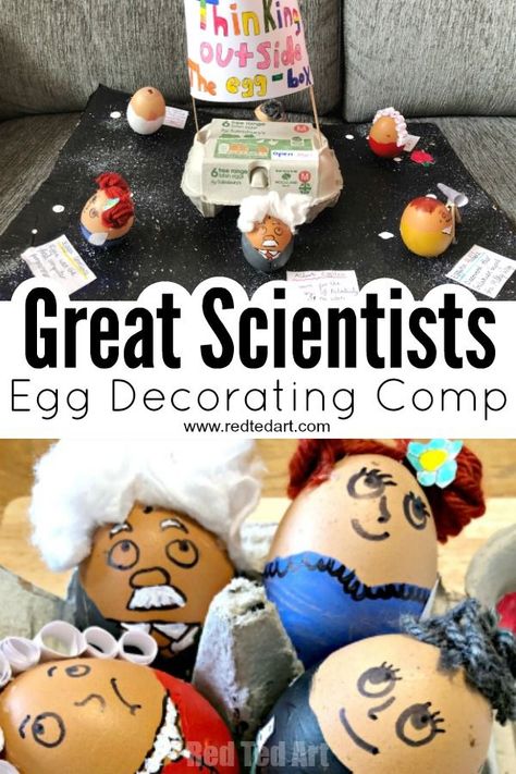 Need ideas for an Egg Decorating Competition? If you love Scientists have a go at our Thinking Outside the Box Egg Decorating Project: Great Scientist Eggs #easter #eggs #decorating #competition #science #scientists #steam School Egg Decorating Ideas, Egg Decorating Contest, Egg Decorating Competition, Easter Egg Competition Ideas, Great Scientists, Art Competition Ideas, Red Ted Art, Diy Spring Crafts, Science Decor