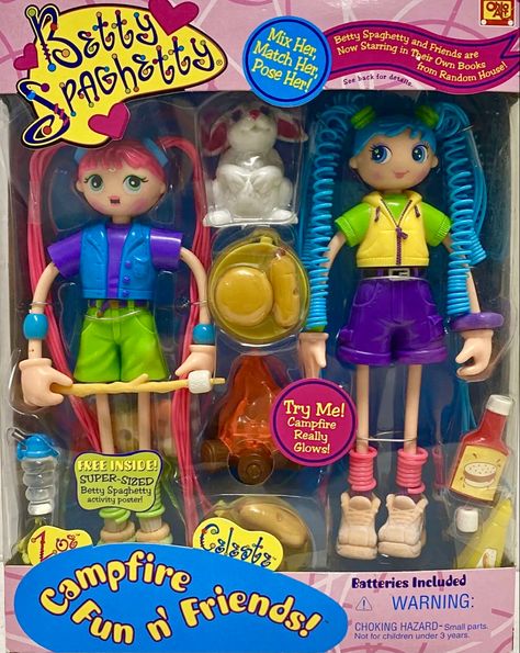 New in box: two Betty Spaghetti dolls Zoe with pink hair and Celeste with blue hair are dressed in camping gear Betty Spaghetti Doll, Betty Spaghetti, 90s Things, Betty Spaghetty, Campfire Fun, Youtube Aesthetic, Cookbook Design, Kidcore Aesthetic, Old Toys