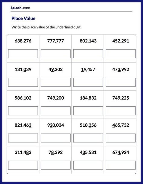 Write the Place Value of Underlined Digits - Math Worksheets - SplashLearn Writing Sentences Kindergarten, Mental Maths Worksheets, Teaching Math Elementary, Place Value Activities, Place Value Chart, Place Value Worksheets, Decimals Worksheets, 4th Grade Math Worksheets, Coloring Worksheet