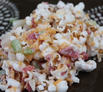 POPCORN SALAD!   6 cups popped corn  1 c. diced celery  1/2 c. diced water chestnuts  3/4 cup fried & drained bacon, be sure its crisp  1/2 cup green onion, chopped  3/4 c. mayonnaise (not lite)  1 cup shredded cheddar cheese Popcorn Salad, Cheese Croutons, Yummy Salads, Savory Foods, Cold Salad, Popcorn Recipes, Corn Salads, Salad Side Dishes, Party Foods