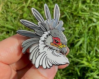 Animal Enamel Pins, Secretary Bird, Ghibli Tattoo, Bird Of Prey, Jacket Pins, Bird Pins, Colorful Bird, Pin Art, Enamel Pin Badge