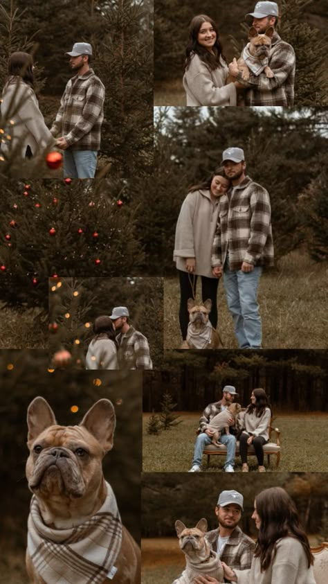 Cozy Christmas Tree Farm Couple Shoot 🎄🐾A rustic and heartwarming Christmas tree farm photoshoot featuring a couple and their adorable French bulldog. Capturing tender moments, playful interactions, and cozy holiday vibes, this collage is perfect for showcasing love and connection during the festive season. From candid smiles to their dog’s stylish plaid bandana, every detail radiates warmth and joy. Ideal inspiration for pet-friendly couples’ photoshoots or holiday card ideas! ❤️ #ChristmasTreeFarm #CouplesPhotography #PetFriendlyPhotoshoot #HolidayPhotoshoot #CozyVibes Christmas Card Pictures Couples, Christmas Tree Farm Photoshoot, Tree Farm Photoshoot, Farm Couple, Tree Farm Photo Shoot, Christmas Tree Farm Photo Shoot, Cozy Christmas Tree, Holiday Card Ideas, Farm Photoshoot