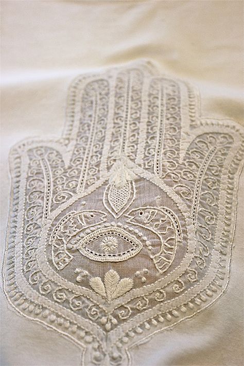 Nomadic Decorator | Hamsa: Embroidered, Painted, Cemented | http://nomadicdecorator.com Moon Photo, Seek Peace, Fatima Hand, Indian Textiles, Hand Of Fatima, Purim, White Embroidery, Hamsa Hand, Embroidery Inspiration