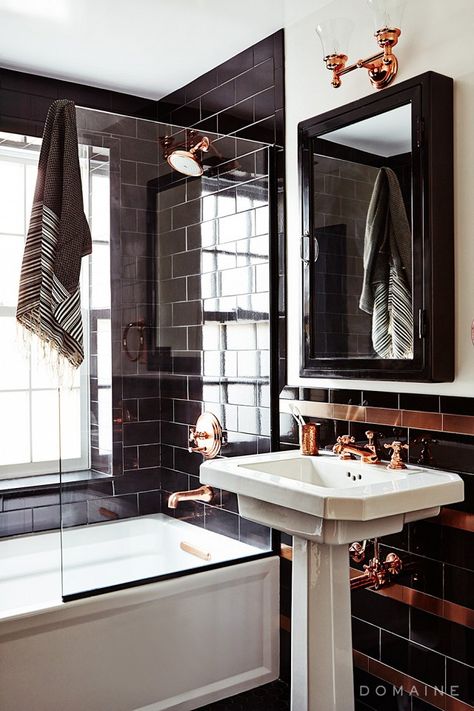 Overall, the palette is much more muted than we usually see from the designer (who trained under color maximalist Miles Redd). “I wanted to make the design as cohesive as possible,” he... Black Subway Tiles, Sleek Bathroom, Black Tile, Black Tiles, Intelligent Design, Bath Tub, Black Bathroom, Farmhouse Bathroom, Best Interior Design