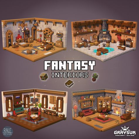 4 fantasy interior designs for minecraft. Check my patreon to download my builds. Minecraft Studio Apartment, Minecraft Fantasy Interior Design, Minecraft Interior Builds, Minecraft Bar Interior, Minecraft Town Hall Interior, Minecraft Jukebox Design, Minecraft Fantasy Interior, Door Design Minecraft, Mc Interior Design