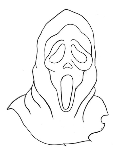 Ghostface Coloring Pages Ghostface Lineart, Ghostface Mask Drawing, Ghost Face Outline, Ghostface Outline, Ghost Face Drawing, Hello Kitty Chucky, Ghostface Drawing, Horror Painting, Pumpkin Carving Stencils Free