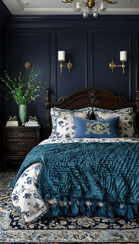 This stunning moody bedroom aesthetic embraces deep blue tones, elegant textures, and cozy French country-inspired decor. The dark navy paneled walls create a dramatic and sophisticated backdrop, complemented by a luxurious wooden bed frame with ornate details. Soft floral bedding in white and blue adds contrast, while the rich teal throw blanket enhances warmth and comfort. Gold accents in the wall sconces and chandelier bring a touch of vintage elegance, and the deep green floral arrangement adds an earthy balance to the decor. The classic nightstands and rug contribute to the moody yet inviting atmosphere, making this space perfect for relaxation. This aesthetic blends dark elegance with cozy, chic farmhouse elements for a truly timeless appeal. Moody Bedroom Curtains, Moody Blue Paint Colors, Moody Blue Paint, Moody Blue Bedroom, Cozy Moody Bedroom, Moody Bedroom Aesthetic, Feminine Furniture, Dark Feminine Bedroom, Feminine Space