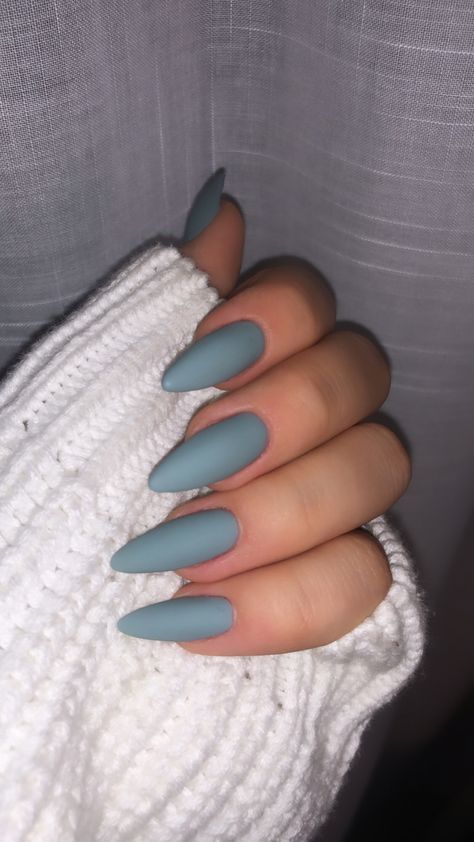 Matte Blue Grey Nails, Mat Almond Nails, Blue Gray Nails Acrylic Short, Matte Gray Blue Nails, Grey Blue Nail Ideas, Matte Blue Almond Nails, Matte Dusty Blue Nails, Blue Gray Almond Nails, Gray Oval Nails