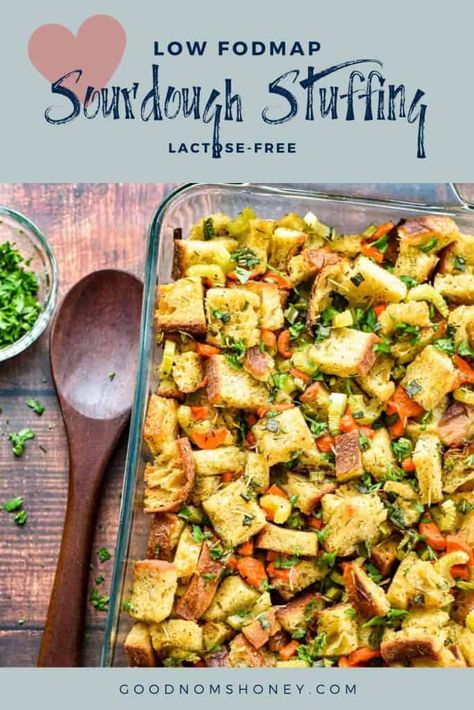 Low Fodmap Thanksgiving Recipes, Ibs Meals, Sourdough Stuffing Recipe, Sourdough Stuffing, Gluten Free Stuffing Recipes, Ibs Friendly Food, Fodmap Recipes Dinner, Low Fodmap Recipes Dinner, Fodmap Friendly Recipes