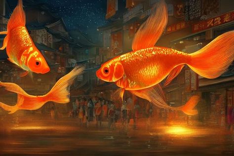 fantasy art of glowing goldfish swimming in the air, in the streets of a japanese town at night, with people watching in wonder, by fenghua zhong, highly detailed digital art, trending on artstation Detailed Digital Art, Goldfish Swimming, Town At Night, Magical Paintings, Japanese Town, Air Art, People Watching, Fish Swimming, Creepy Art