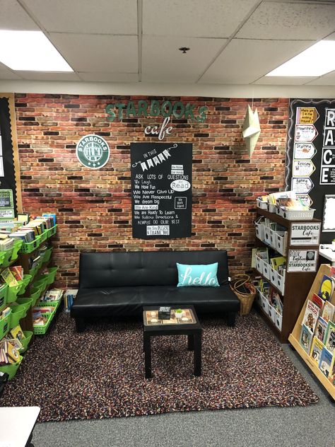 Cozy Library Classroom, Starbucks Reading Corner, Urban Classroom Decor, Industrial Classroom Theme, Cafe Reading Corner, Coffee Shop Aesthetic Classroom, Coffeehouse Classroom Theme, Cafe Classroom Decor, Classroom Coffee Shop Theme