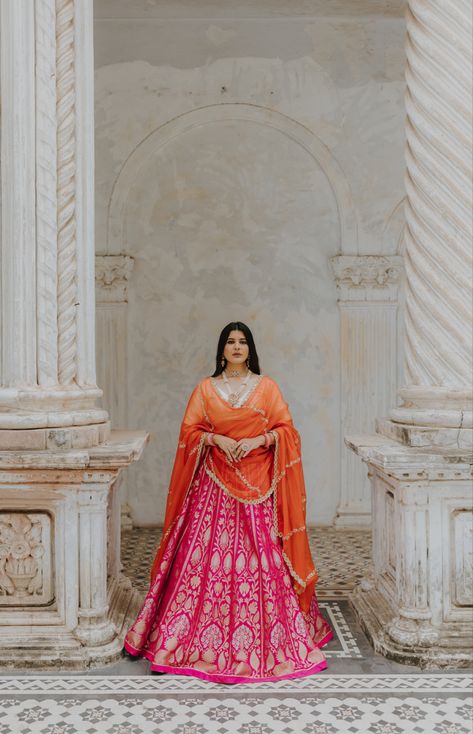 Pink And Orange Lengha, Orange And Pink Lehenga, Pink And Orange Lehenga, Orange Lehenga, Fashion Bride, Colour Combinations Fashion, Pink Lehenga, Easy Trendy Outfits, Pretty Stuff