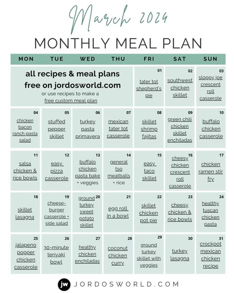 Free March Meal Plan! This free monthly meal plan calendar includes dinner plans for a whole month of eating easy, healthy recipes. February Meal Plan, Meal Plan Calendar, Macros Recipes, Plan Calendar, Free Weekly Meal Plan, Weekly Meal Plan Template, Classroom Job, Monthly Meal Plan, Meal Planner Printable Free