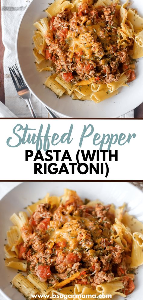 Looking for a quick and easy dinner idea? Try this 30-Minute Stuffed Pepper Pasta recipe! Juicy bell peppers are stuffed with a savory beef and tomato mixture, then topped with melted mozzarella cheese and served on a bed of rigatoni pasta. With simple ingredients and just 30 minutes from start to finish, this recipe is perfect for busy weeknights when you need a satisfying meal in a hurry. #dinner #30minutemeal Ground Turkey Sausage, Rigatoni Recipes, Chicory Recipe, Beef Dinners, Rigatoni Pasta, Bell Pepper Recipes, Pepper Pasta, Stuffed Pepper, Pasta Pizza