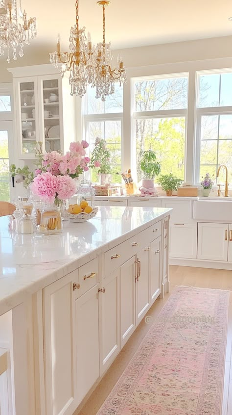 Dream Baking Kitchen, Cute Kitchen Design Ideas, Pink And White House Aesthetic, Simplistic Home Design, Pink Kitchen Modern, Aesthetic Inside House, Preppy Kitchen Background, Pink Home Inspiration, House With Pink Accents