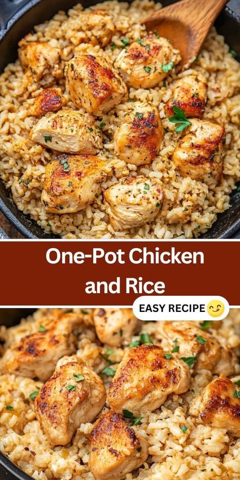 This easy One-Pot Chicken and Rice is a simple, comforting meal perfect for busy weeknights. Tender chicken, creamy rice, and Parmesan cheese come together in just one skillet for a delicious dinner the whole family will love. Ready in under 30 minutes, it’s packed with flavor and requires minimal cleanup. Customize with your favorite veggies for a balanced, hearty dish. Rice And Chicken Skillet Dinners, Chicken To Serve Over Rice, Easy One Pot Casseroles, One Pot Meals With Rice, Chicken Insta Pot Meals, Rice And Chicken Broth Recipes, Instant Pot Chicken And Rice Casserole, Easy Lunch With Chicken, Easy Chicken And Rice Bowls