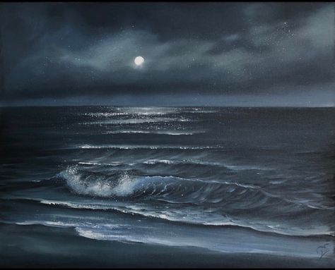 Moon Over The Ocean, The Ocean Painting, Creative Moodboard, Ocean Art Painting, Moody Painting, Sea Drawing, Sea Artwork, Ocean At Night, Underwater Painting