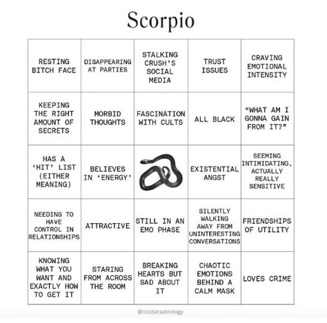 #scorpio bingo Scorpio Bingo, Scorpio Compatibility Chart, Scorpio Compatibility, Celtic Zodiac, Sun Moon Rising, Sagittarius Astrology, Scorpio Traits, Bingo Template, Zodiac Signs Chart