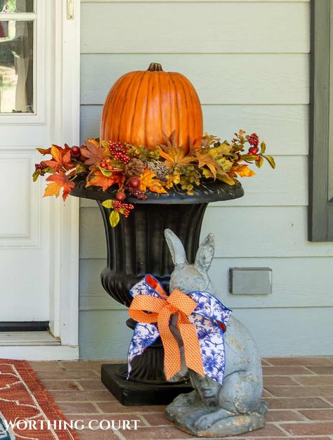 A guide to the easiest secrets to decorating a large front porch for fall that creates a cozy space that oozes with warmth and charm. Fall Front Porch Decor Wash Tub, Fall Porch Ideas 2024, Fall 2024 Porch Decor, Fall Porch Pots Pots & Planters, Fall Porch Purple Mums, 2023 Decorations, Fall Hosting, Fall Urn, Fall Front Porch Decor Ideas