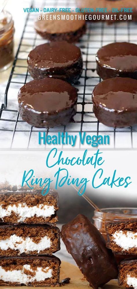 Vegan Ring Dings #vegan #dairyfree #glutenfree #chocolaterecipe #dingdongs RECIPE: https://greensmoothiegourmet.com/healthy-ring-ding-cakes-vegan/ Ding Dong Cake, Ding Dongs, Patisserie Vegan, Healthy Chocolate Recipes, Keto Snack, Healthy Vegan Snacks, Desserts Vegan, Cake Vegan, Ding Dong