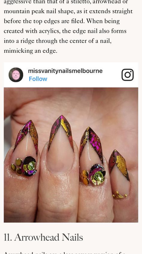 Arrow head nails Arrowhead Nails Shape, Arrow Shaped Nails, Arrowhead Nails, Arrow Nails, Sharp Claws, Edge Nails, Arrow Head, Nail Arts, Nail Shapes